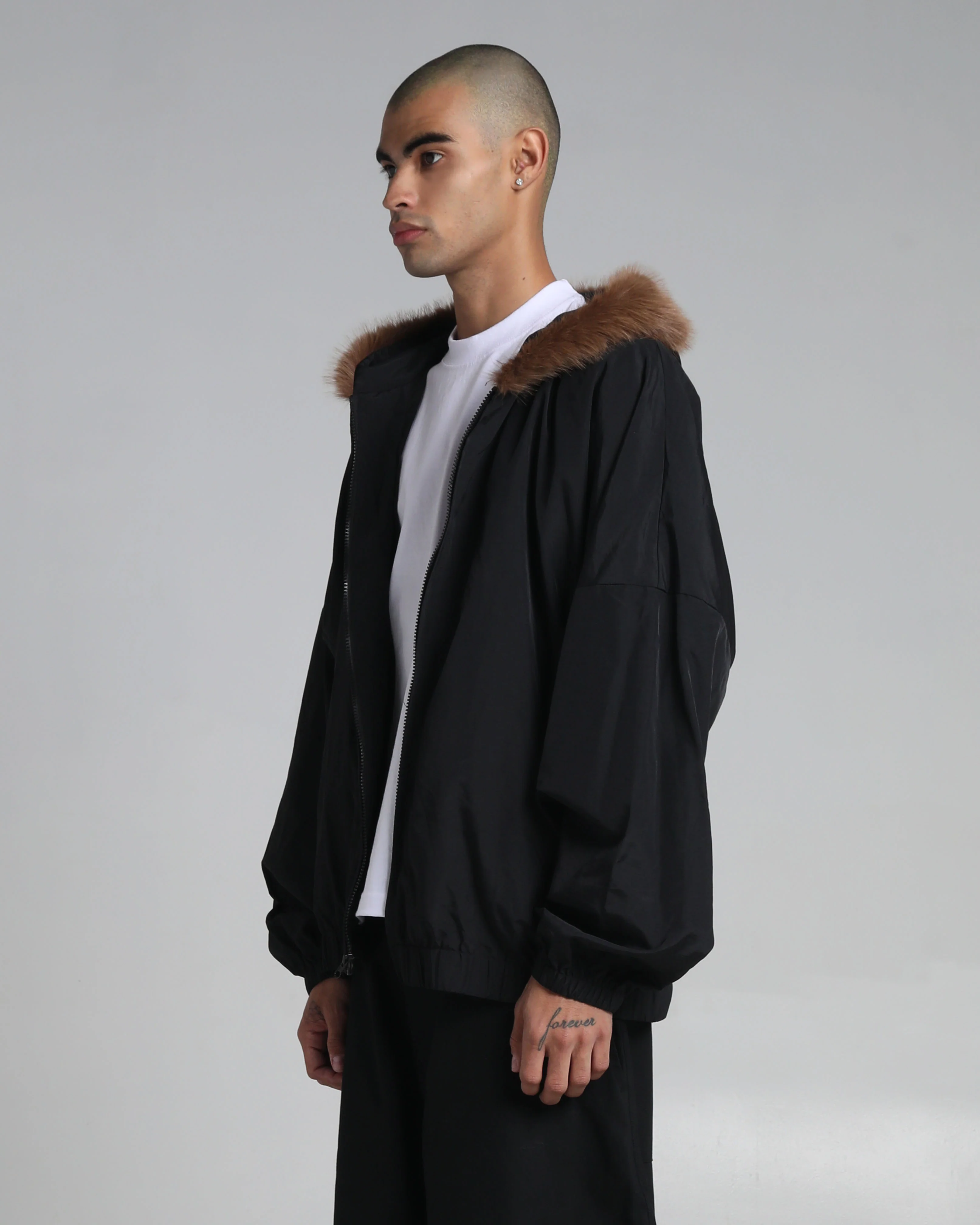 Fur Hooded Nylon Track Jacket - Image 9