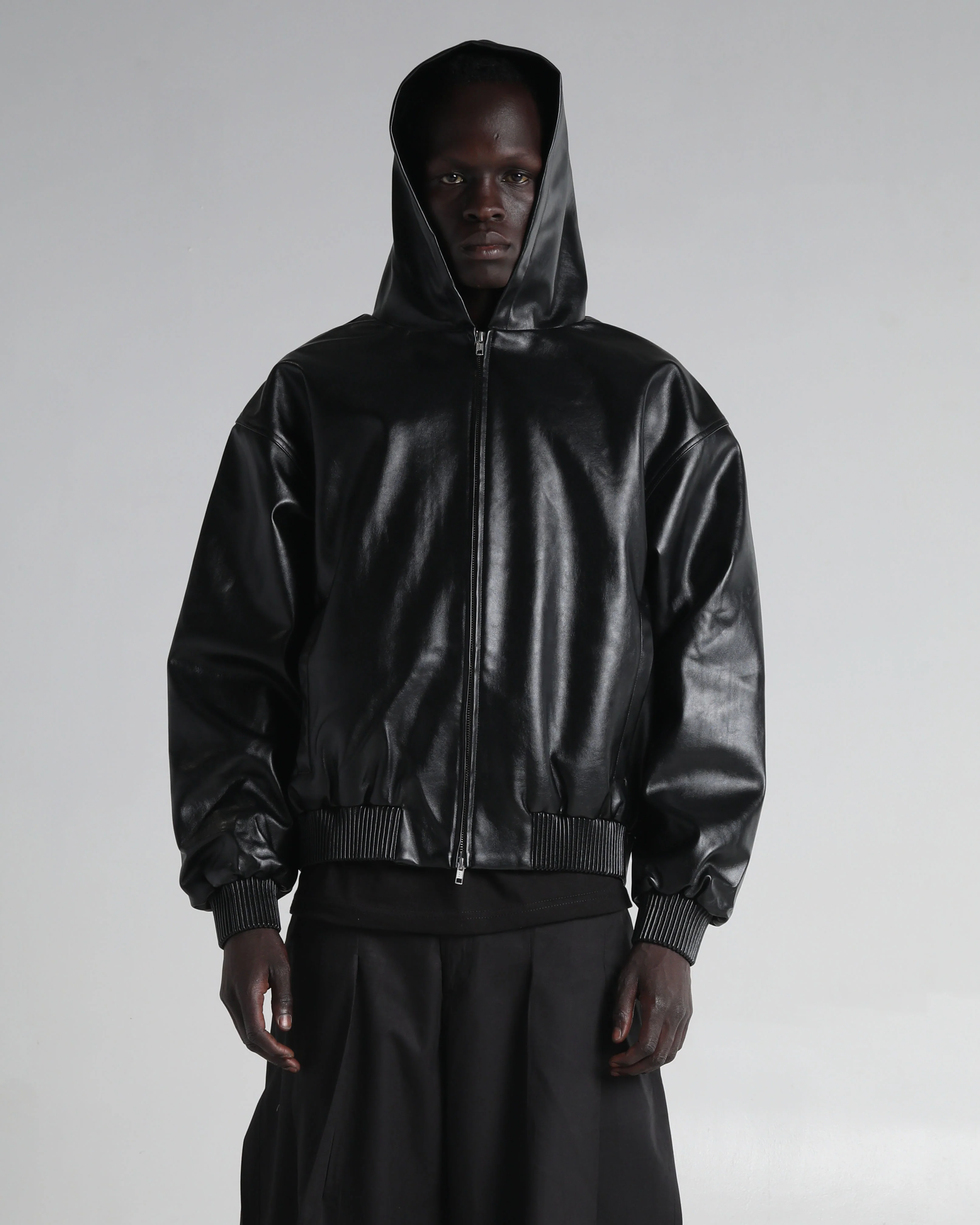 Hooded Faux Leather Bomber - Image 6