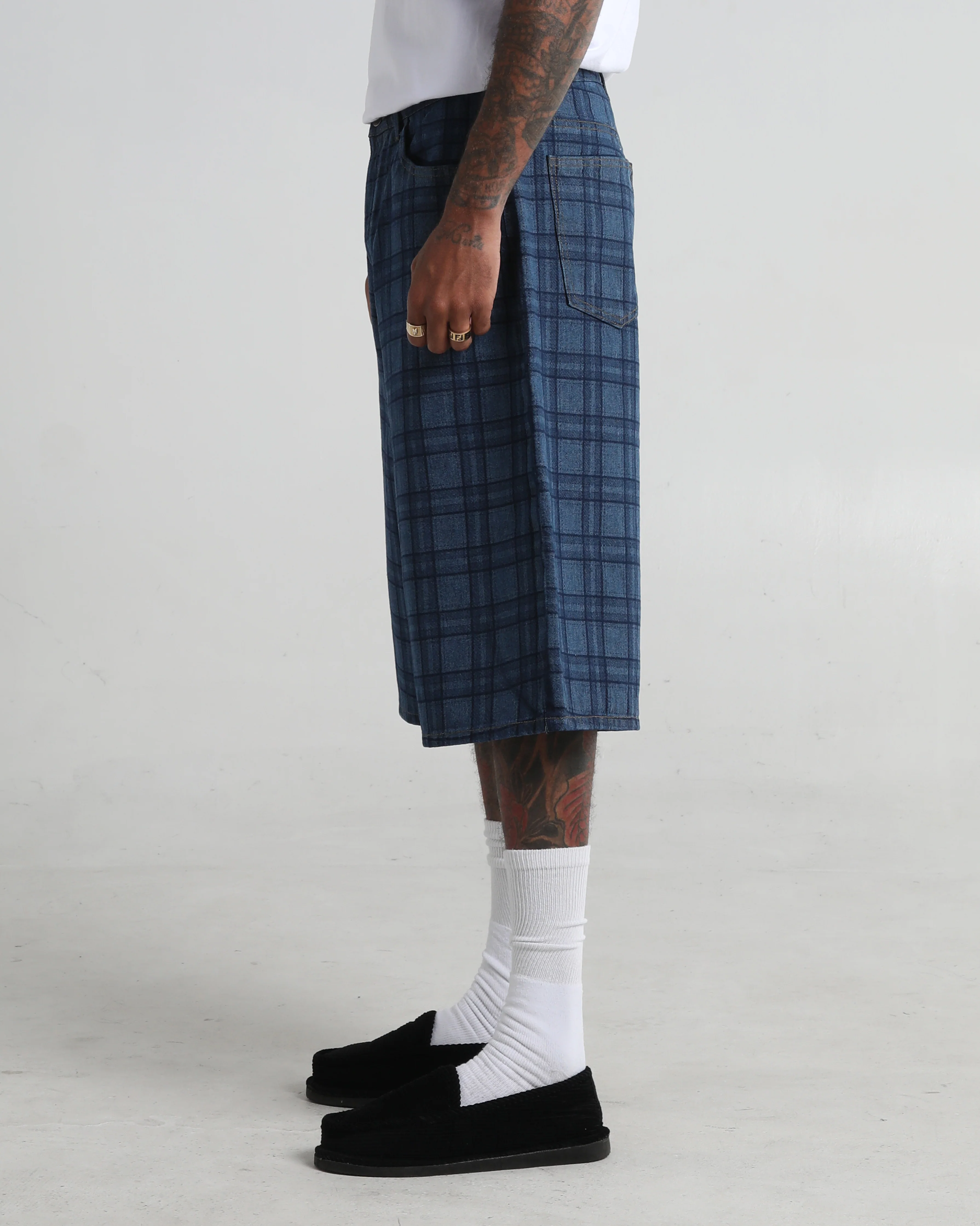 Lasered Plaid Denim Shorts - Image 3