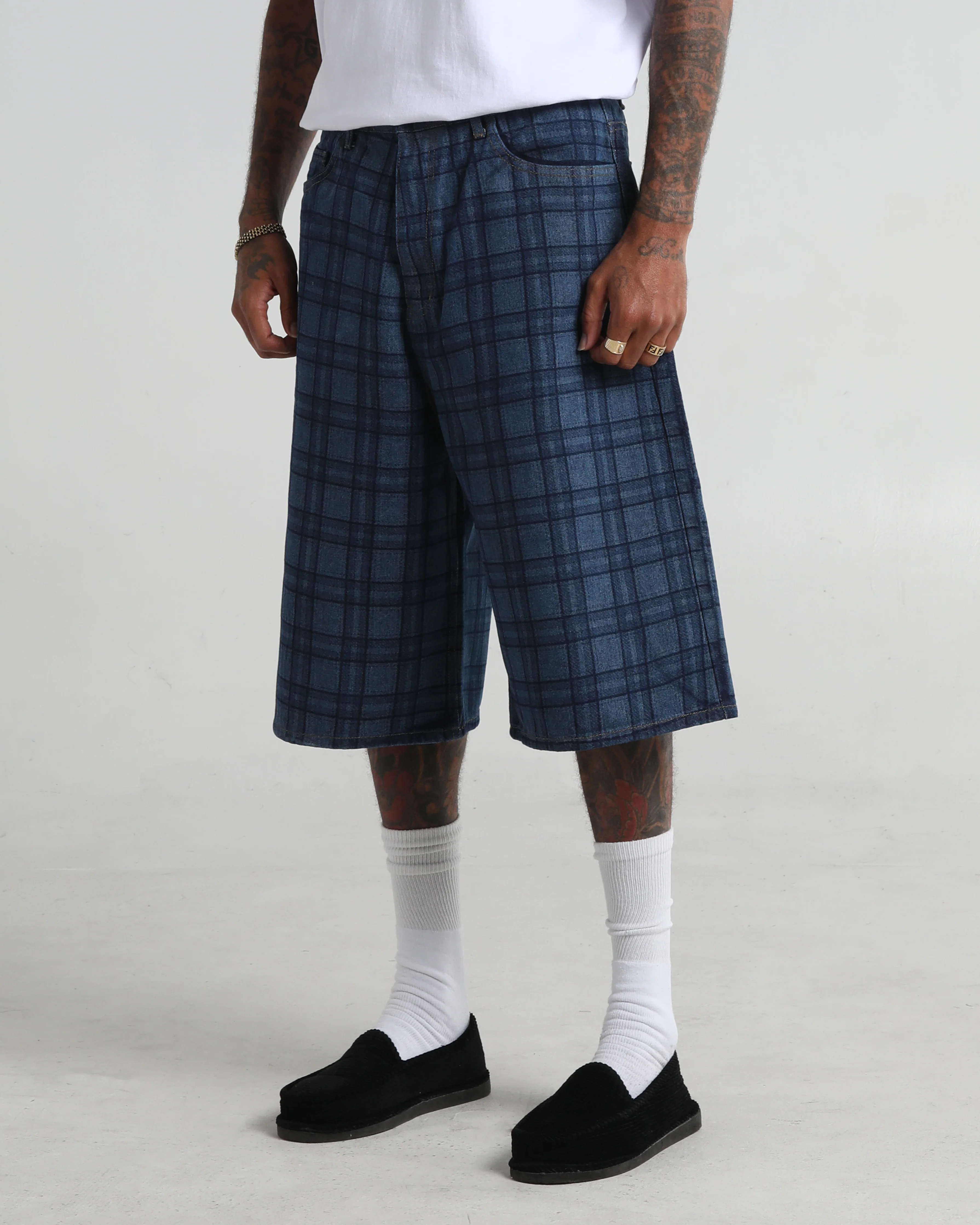 Lasered Plaid Denim Shorts - Image 4