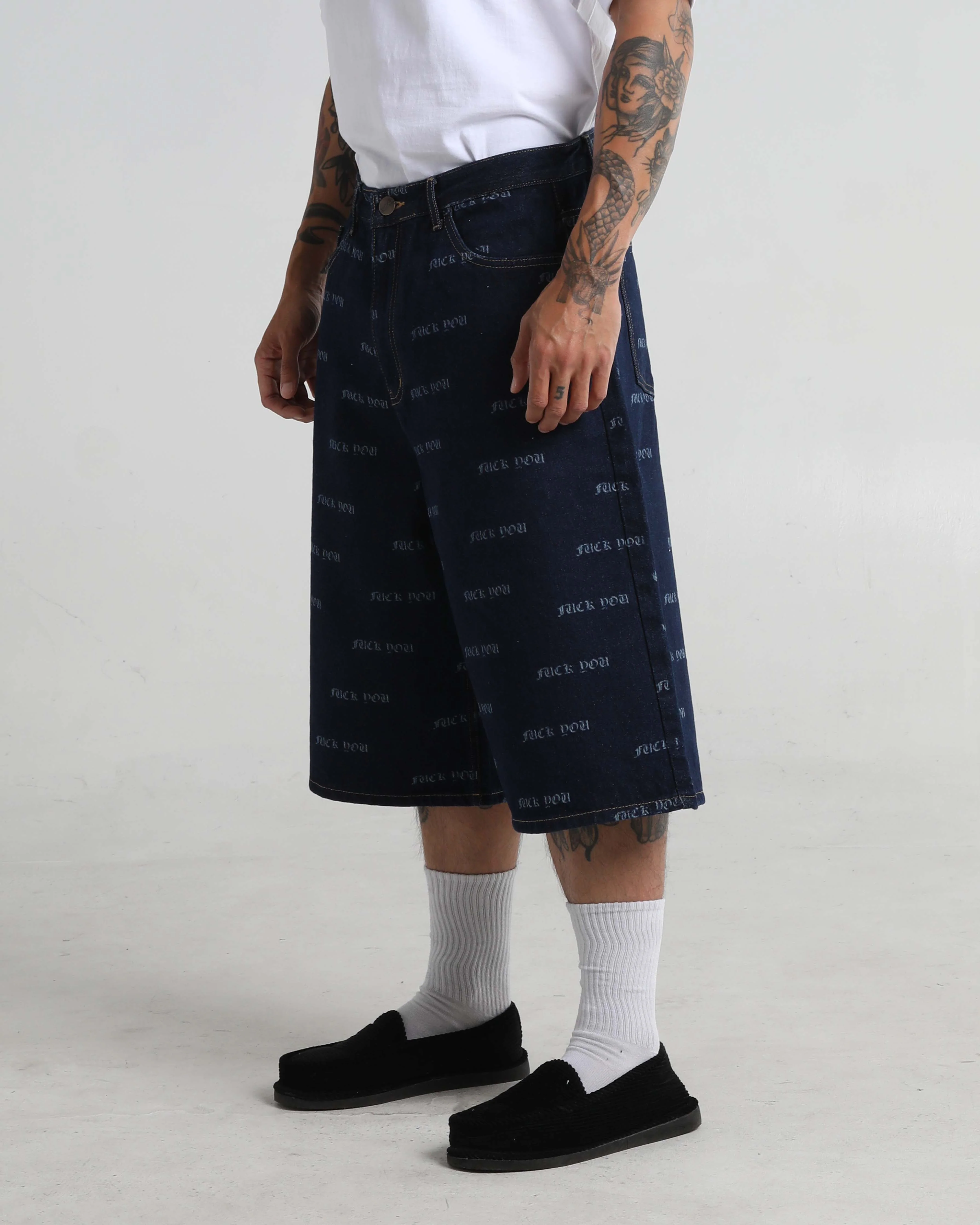 Lasered Fuck You Denim Shorts - Image 4